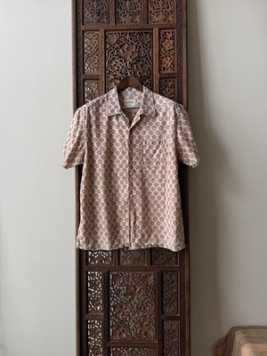 Kardo Block Print Camp Collar Shirt Cream Red Cotton Mens XL Handmade