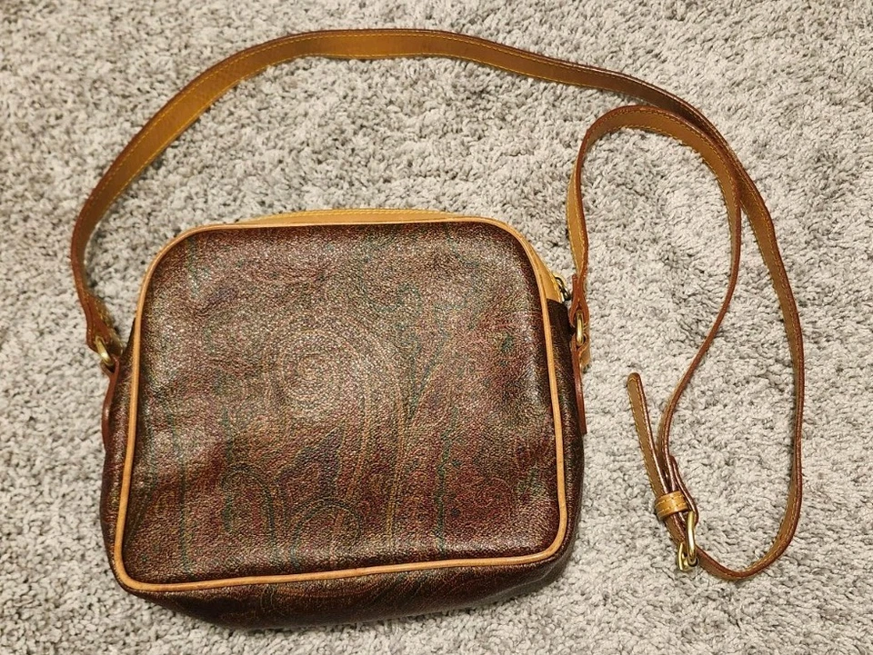 ETRO $1200 Vintage Made In IT Leather Crossbody Bag Paisley Print Burgundy/Tan - Image 2 of 4