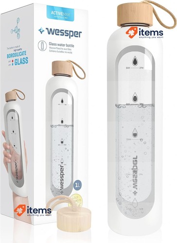 Bouteille D'eau En Verre Borosilicaté 1 Litre Avec Housse Silicone - Graduations Motivantes - Lavable Au Lave-vaisselle - Jaune