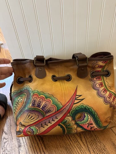 ANUSCHKA Cartera Cartera Bolso para el Polvo Cartera Doble Asa Cuero Amarillo Mostaza - Imagen 7 de 17