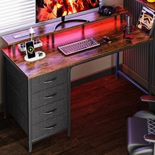 47 Inch Computer Desk with Power Outlets and LED Lights, 47 inch Rustic Brown