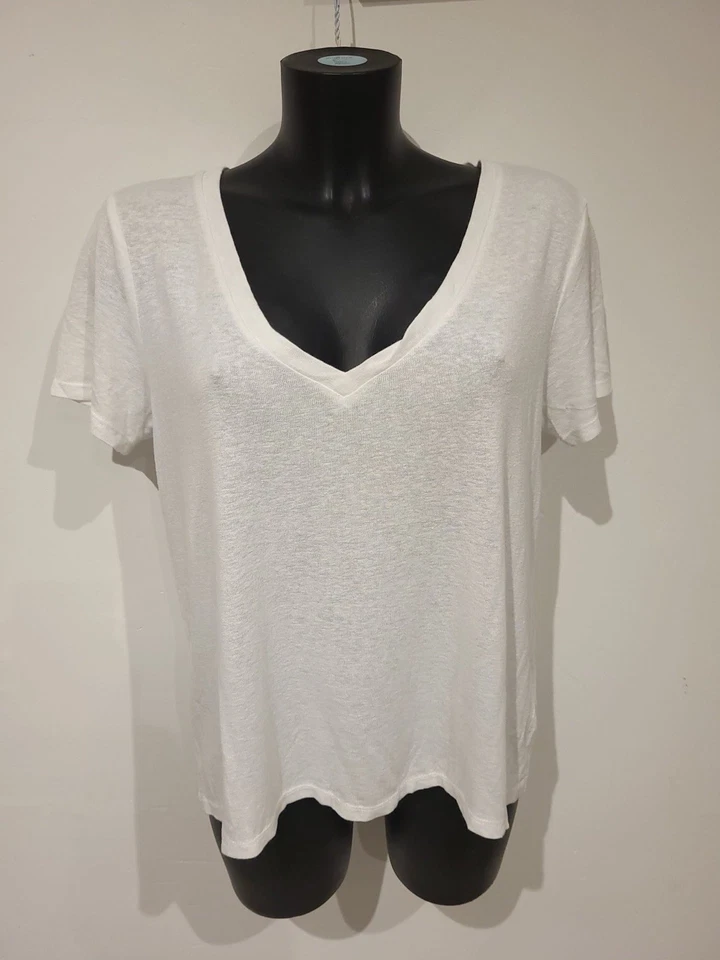 H&M Women's Linen Blend T-Shirt White Size Medium Short Sleeve VNeck T-shirt Top - Изображение 3 из 4