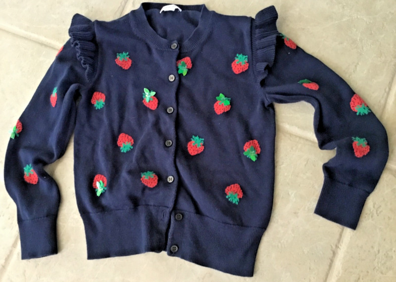 J. Crew Crew Cuts cardigan~6-7~Navy ~Woven strawberries~LS~Cotton Lightweight