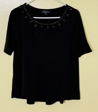 EARL JEAN Women's Petite Short Sleeve Beaded Top BLACK Size PM