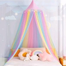 Rainbow Bed Canopy for Girls,Shiny Kids Princess Round Dome Bed Curtain Stars