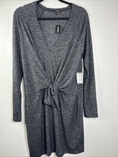 Express Long Sleeve Tie Front Dress Heathered Black Gray Womens L Comfortcore