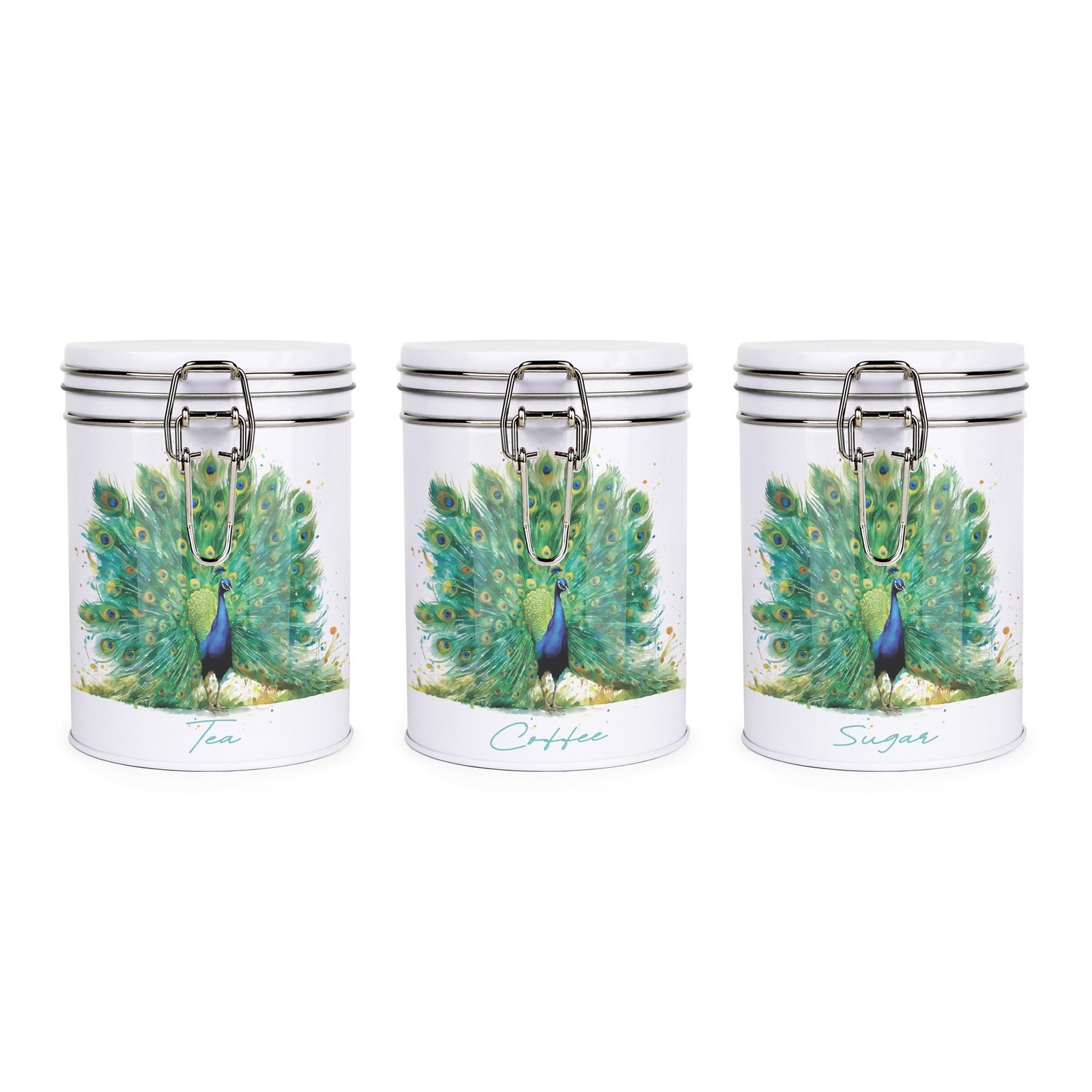 Purely Home Peacock Hot Drinks Canisters Set - Tea, Coffee & Sugar Storage Tins