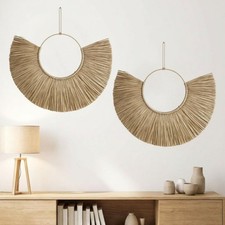 2 Pcs Woven Seagrass Boho Fan Wall Decor, 20'' x 12'' Rattan Wicker Basket Wa...