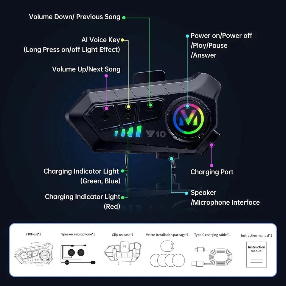 INTERFONO MOTO IMPERMEABILE V10 CASCO AURICOLARE BLUETOOTH 5.3 MICROFONO LED RGB - Immagine 4 di 4