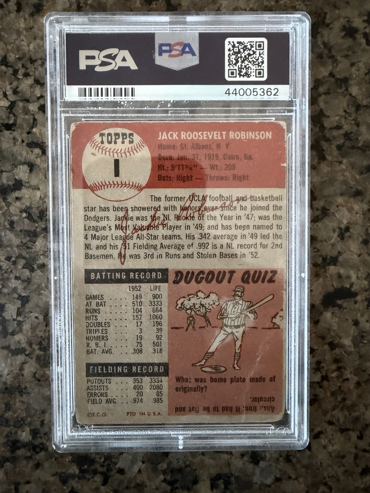 Topps 1953 Jackie Robinson #1 Brooklyn Dodgers PSA 1 PR Graded Base view 2