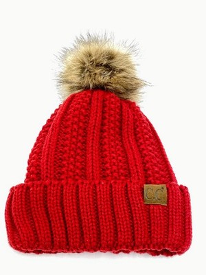 C.C. Knit Hat Faux Fuzzy Fur Pom Thick Fleece Lined Hat With Cuff CC Beanie