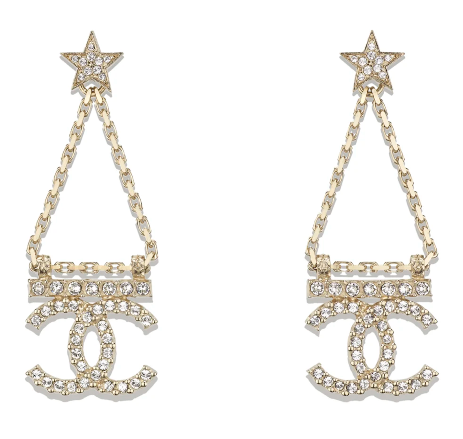 Chanel 22s Gold Star Crystal Chain Bar Cc Stud Dangle Drop Statement Earrings Ebay