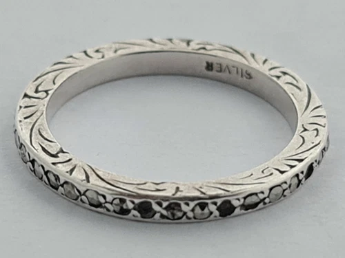 Vintage Art Deco Solid Silver & Marcasite Full Eternity Stacking Ring Band Sz N