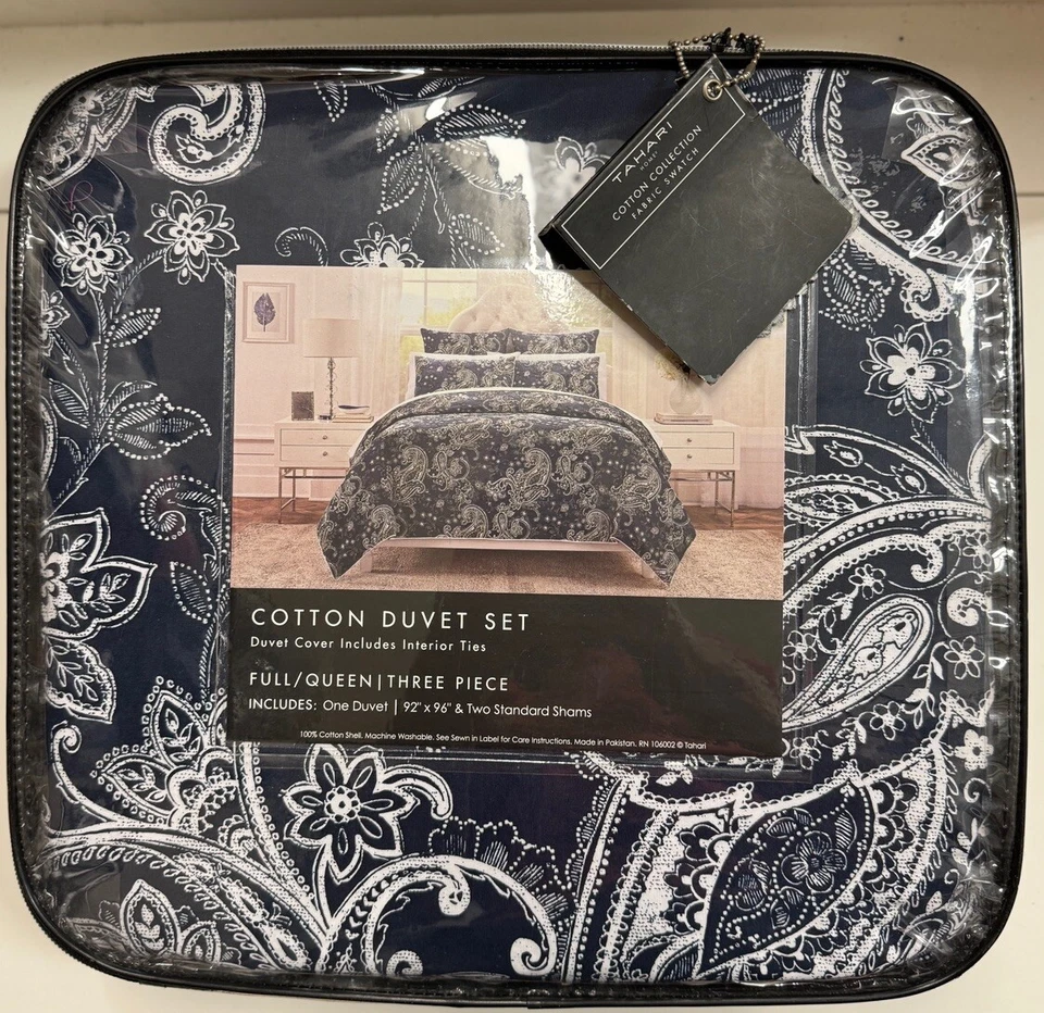 Juego de funda nórdica Tahari azul marino oscuro blanco cachemir completo / queen 3 piezas nuevo Foto 3 de 4