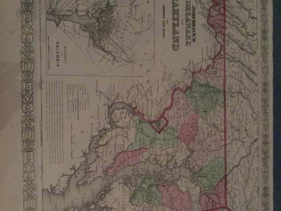 Mapa a color de la línea Dixie Mason Maryland 1866 Delaware Johnson's  Foto 4 de 4