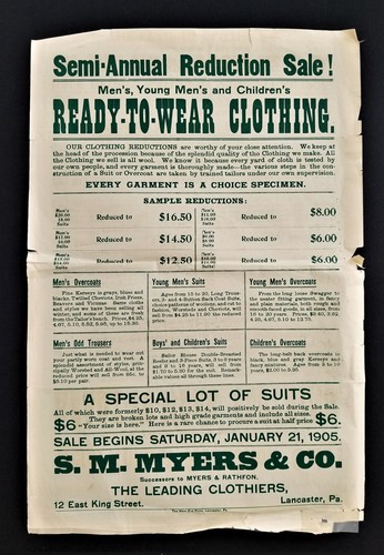 1905 antique BROADSIDE lancaster pa SM MYERS clothing STORE AD king st 19"x12.5"