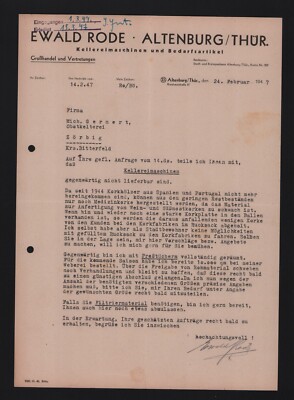 ALTENBURG, Brief 1947, Ewald Rode Kellerei-Maschinen Bedarfsartikel