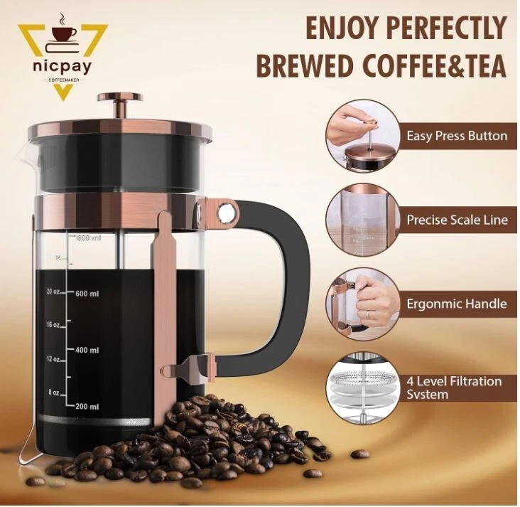NICPAY French Press Coffee Maker 34oz, 304 Stainless Steel Borosilicate Glass Co