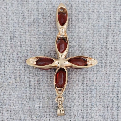 Vtg 14K Yellow Gold Marquise Garnet Diamond Crucifix Cross Necklace Pendant 1½” - Picture 4 of 6