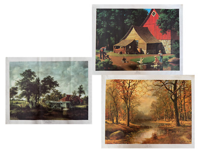 Three Vintage Canvas Art Print Paintings: October Morn, Watermill, Memories