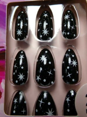 Pretty Secrets Nails Shiny Black Star & Glitter Design glue on Stiletto Long