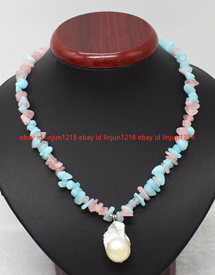 New Multicolor Jade Gravel Chip Beads White Baroque Pearl Pendant Necklace 18''