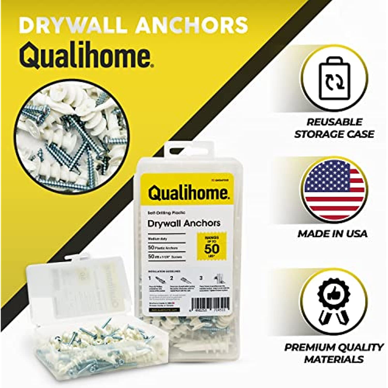 Qualihome Heavy Duty Plastic Self Drilling Drywall Anchors and Screws