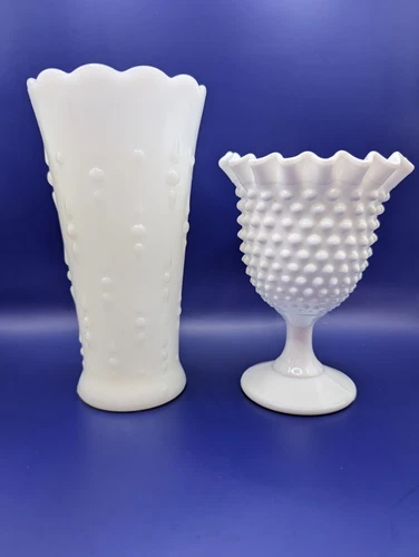 Vtg Pair Milk Glass Vases Hobnail Pedestal 5 3/4" & Pearls And Teardrops 7 1/4"