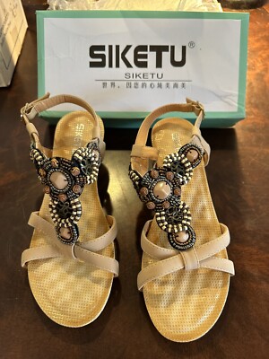 Siketu Womens Wedge Sandals 38 wize Tan Brown Beaded