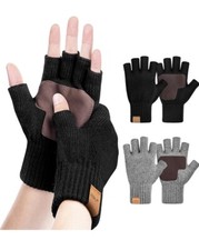 2 Pairs Winter Fingerless Gloves for Women Men Stretch Knit Half Finger Gloves