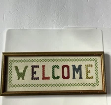 Vintage Framed Needlepoint Welcome Sign 5.5 X 13.5 Inches