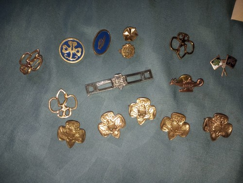 Vintage Girl Scout Pin & Barrette Lot - Edith Macy Lamp, Eagle Trefoil, World NM