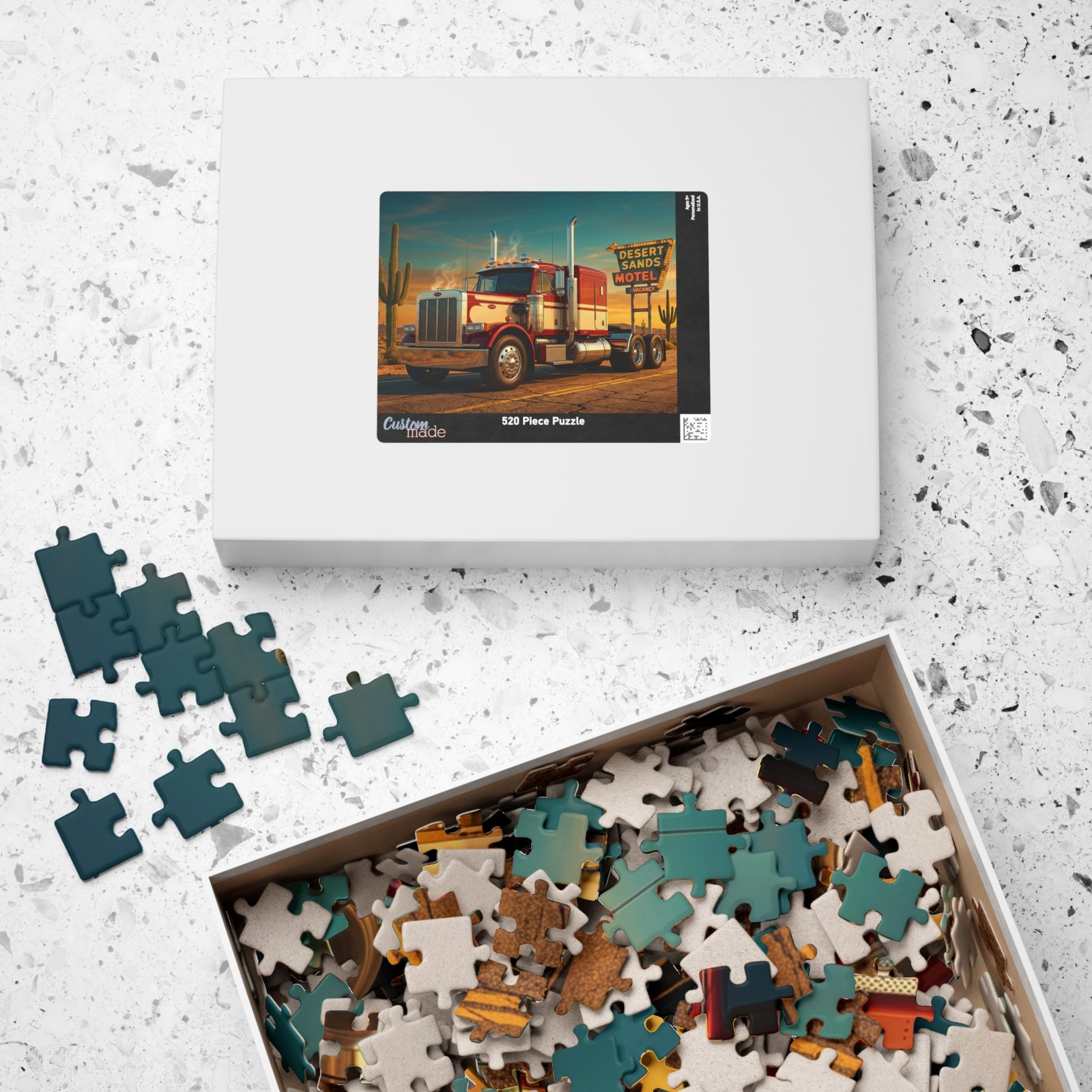 Classic Peterbilt Semi Truck Desert Motel Scene Puzzle | Road Trip Jigsaw