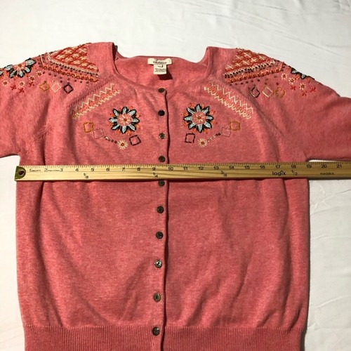 Sundance womens L beaded coral pink button cardigan sweater Aztec southwestern - Picture 5 of 12