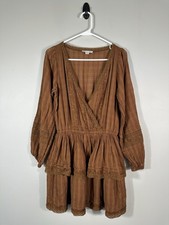 American Eagle Dress Womens M Brown Embroidered Wrap Front Mini Cottagecore Boho