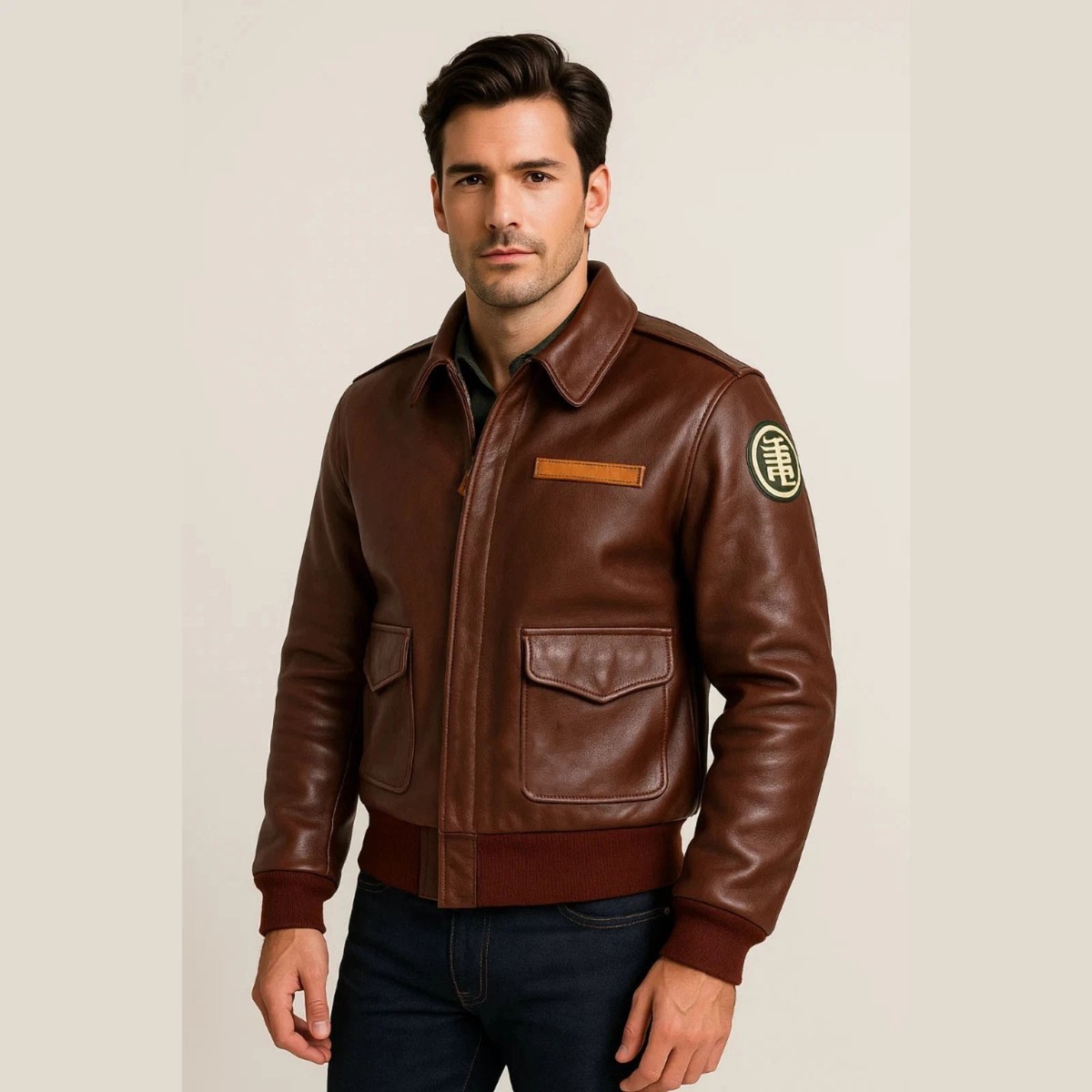 Men's A-2 Aviator Air Force Pilot Leather Jacket Brown Leather