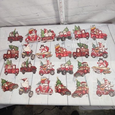 24pc Set Of Wood Red Truck Hanging Christmas Tree Ornaments Holiday Decorations