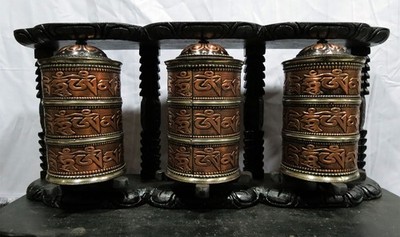 Tibetan Om Mantra Hanging Table Stand 3 in 1 Copper Oxide Frame Prayer Wheel