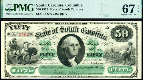 HGR 1872 $50 COLUMBIA S.Carolina SCCR8 ((SLAVES/Cotton)) PMG SUPERB GEM 67EPQ - Picture 1 of 2