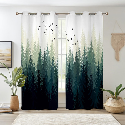 Renaiss Green Forest Blackout Curtains Nature Wooland Room Darkening Curtains