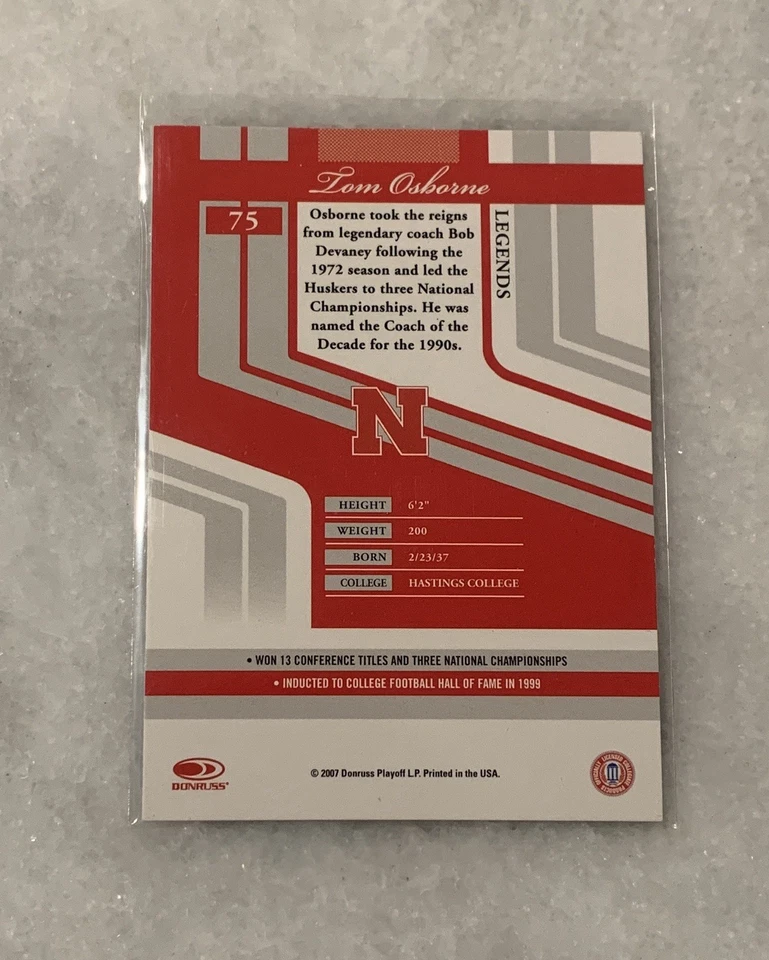 Tom Osborne Signed 2007 Donruss Elite Extra Football Card Nebraska Huskers Auto - Image 2 of 2