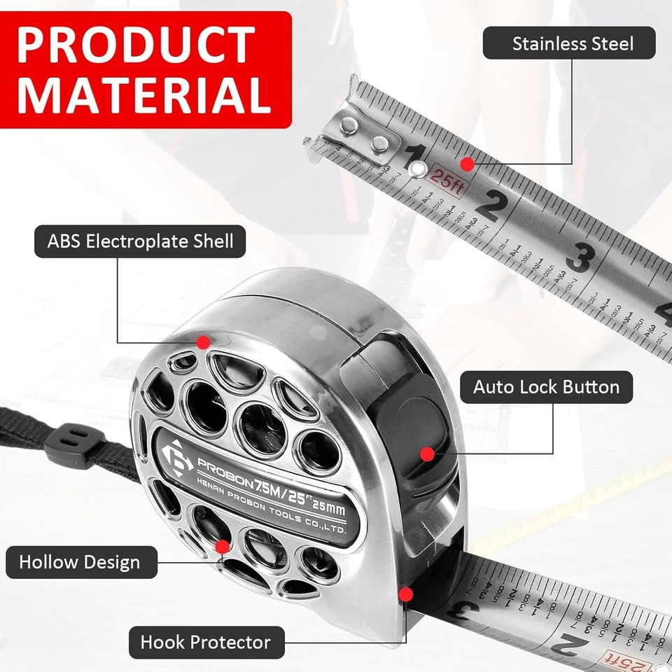 Durable Dual Sided 25FT Tape Measure - Portable Design with Clip & Carabiner - Image 4 of 4