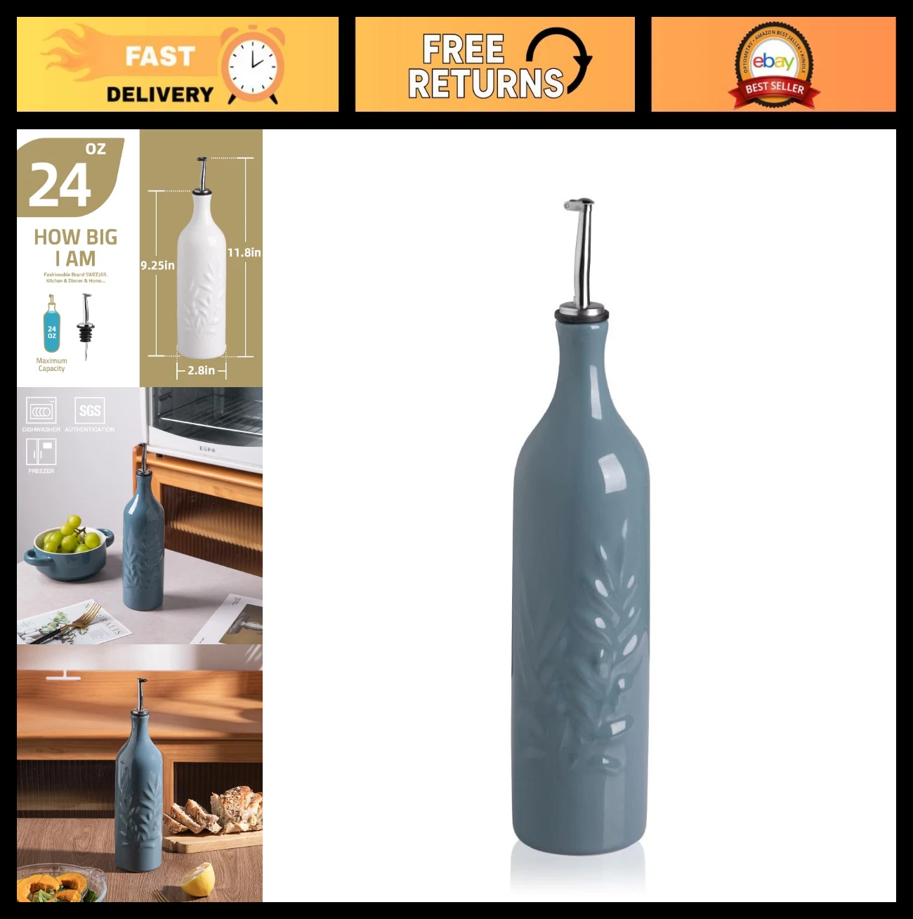 Large Ceramic Olive Oil Dispenser Bottle 24 Oz - Opaque Cruet for Oil, Vinegar &