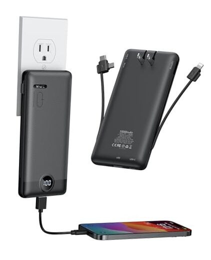 Portable Charger with Wall Plug, 10000mAh Slim Portable Charger Built in