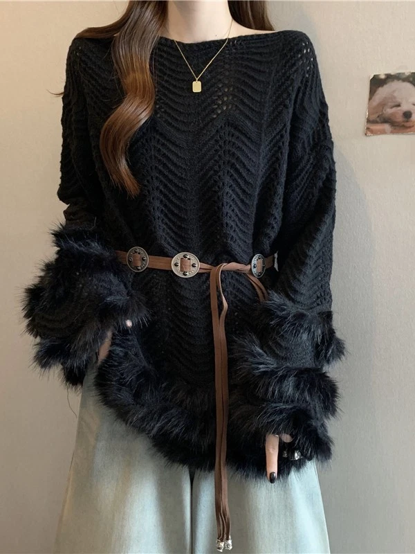 Nuevo suéter de punto de felpa hueco para mujer talla grande manga larga cubierta superior Foto 3 de 4