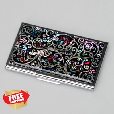 Mother of Pearl Black ID Card Holder Slim Metal Wallet Arabesque Design