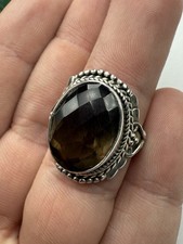 Vintage Sterling Silver 925 Faceted Oval Smoky Quartz Ring Size 8.5 - 8.1g