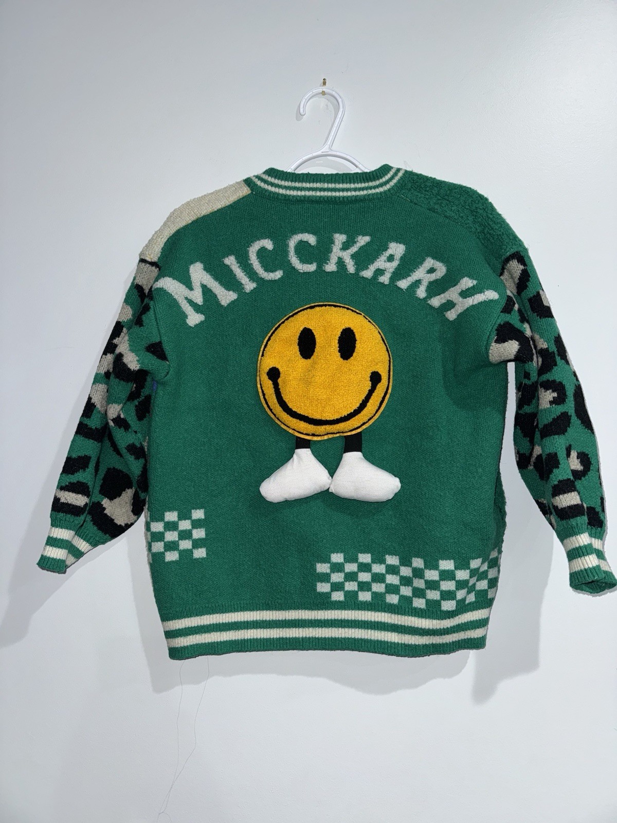 Rare Smiley Patchwork Knit Bomber Jacket Green Le… - image 4
