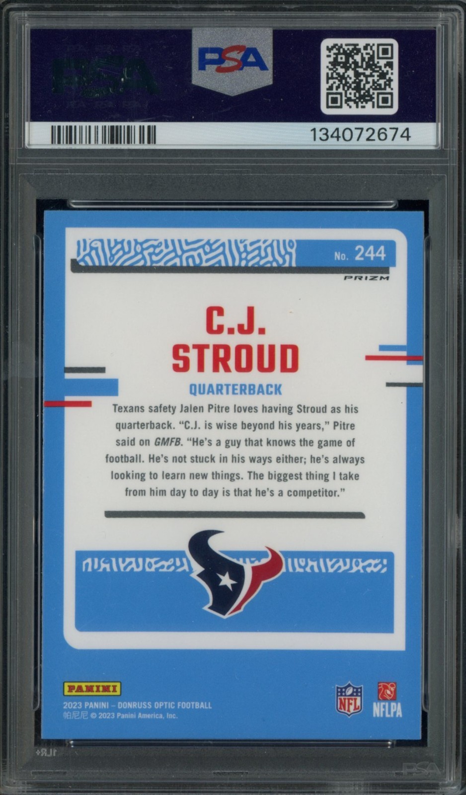 2023 Donruss Optic Purple Shock Prizm #244 CJ Stroud Texans RC Rookie PSA 10 view 2