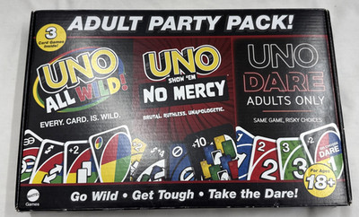Uno Game Adult Party Pack 3 Card Games, ALL WILD, NO MERCY, DARE Opened For Pics